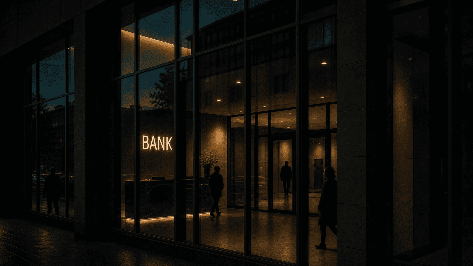 A bank branch exterior at night